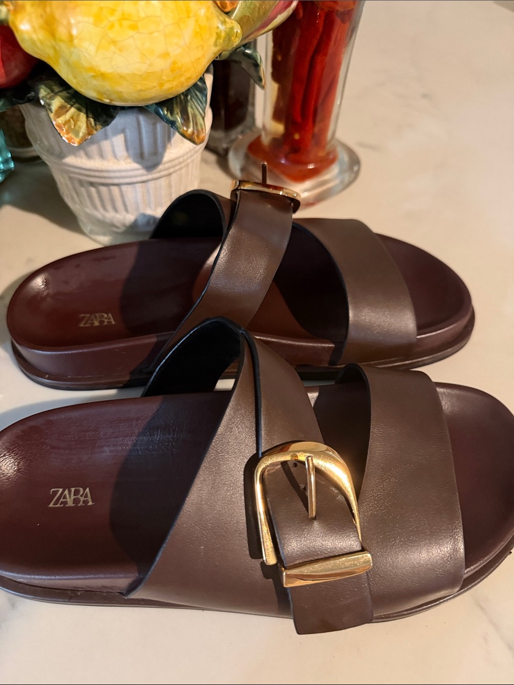 Zara Dark Brown Leather Slide Sandals with Gold Buckle